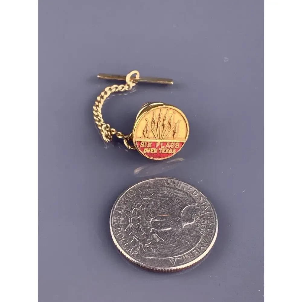 Six Flags Over Texas Tie Tack Lapel Pin Gold Tone Red Enamel Round Vintage
